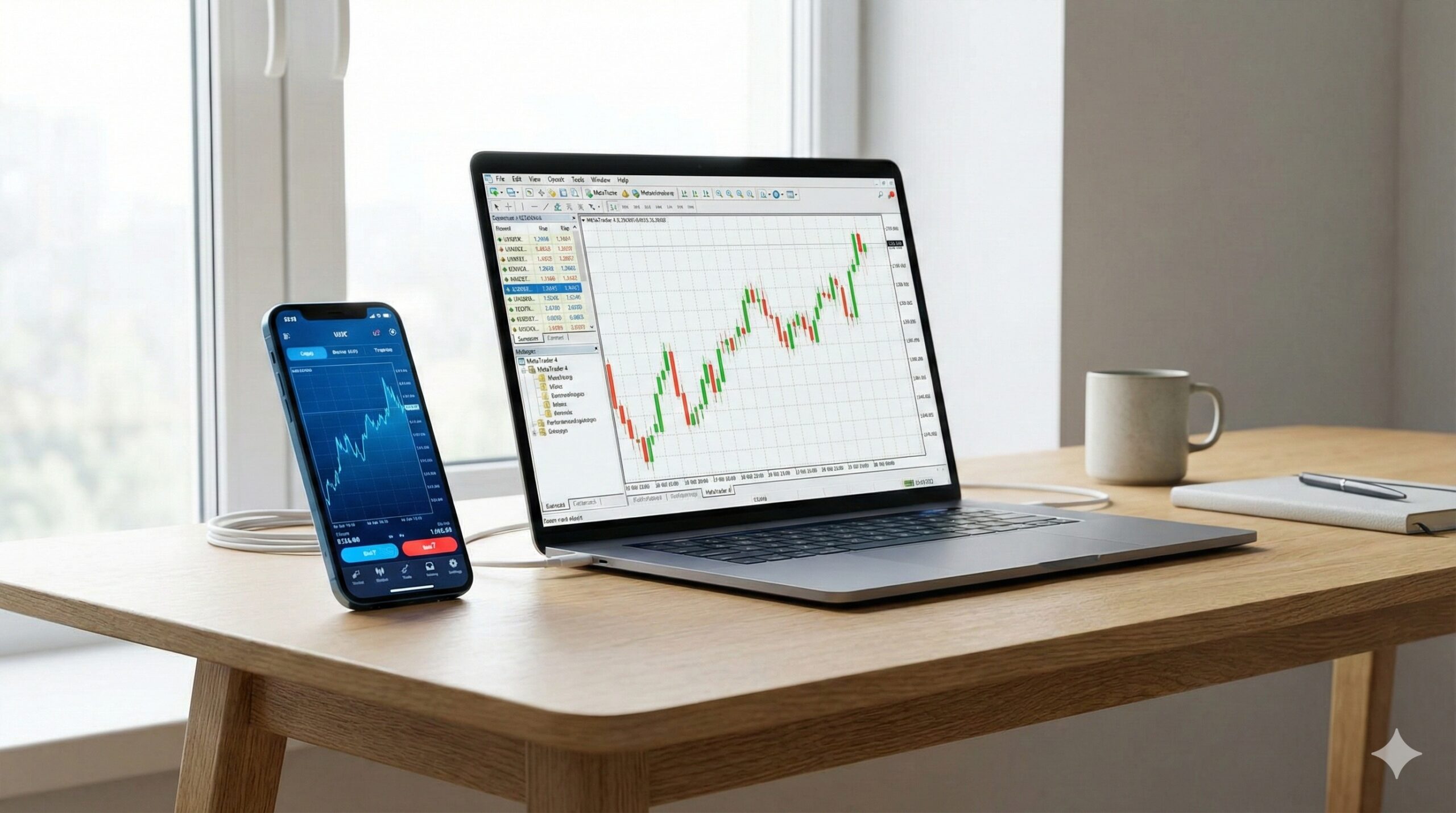 スマートフォンとノートPCに表示されたMT4チャート画面と落ち着いたデスクの風景