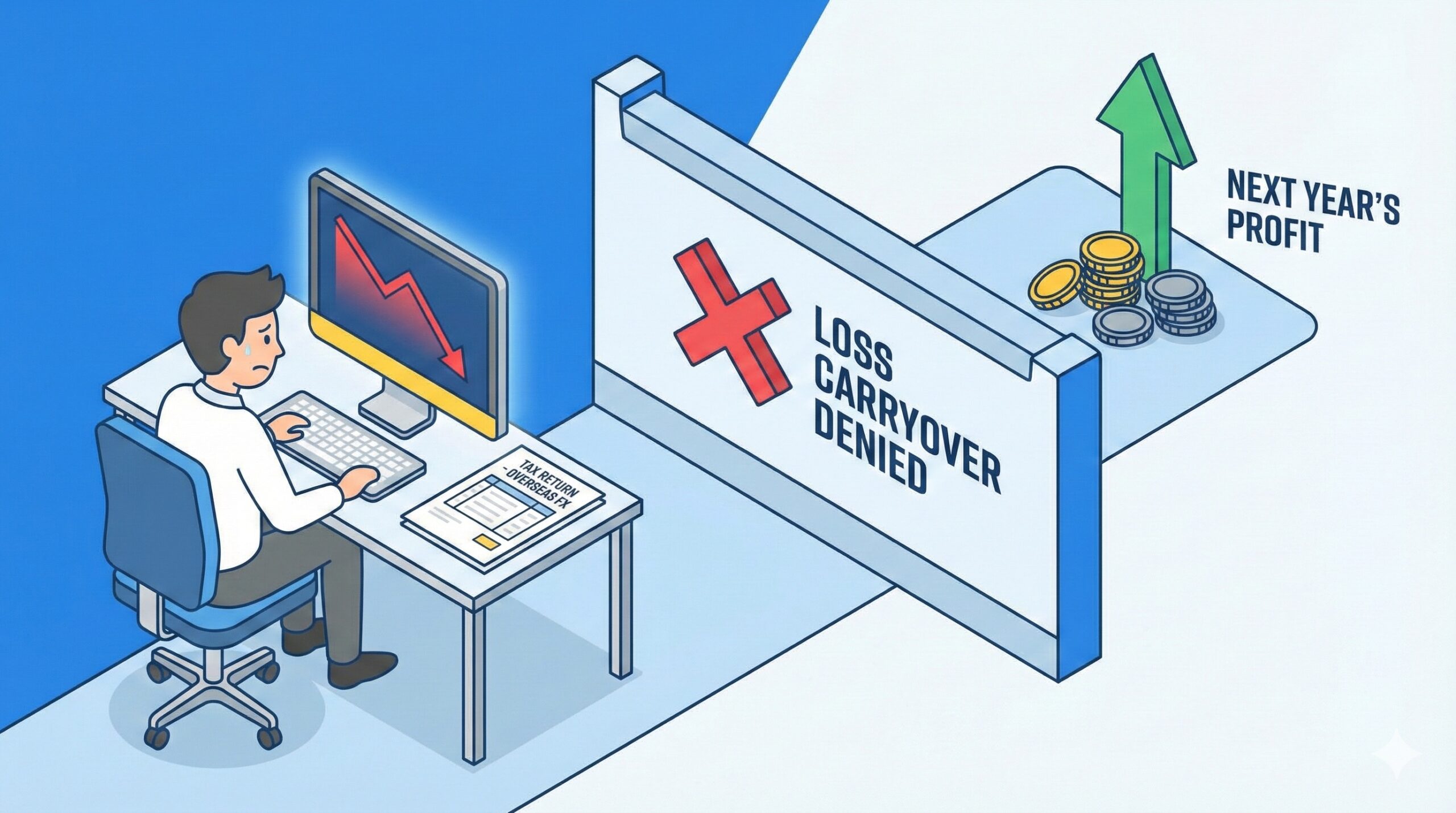 海外FXの損失繰越ができない税制の壁と確定申告のイメージイラスト