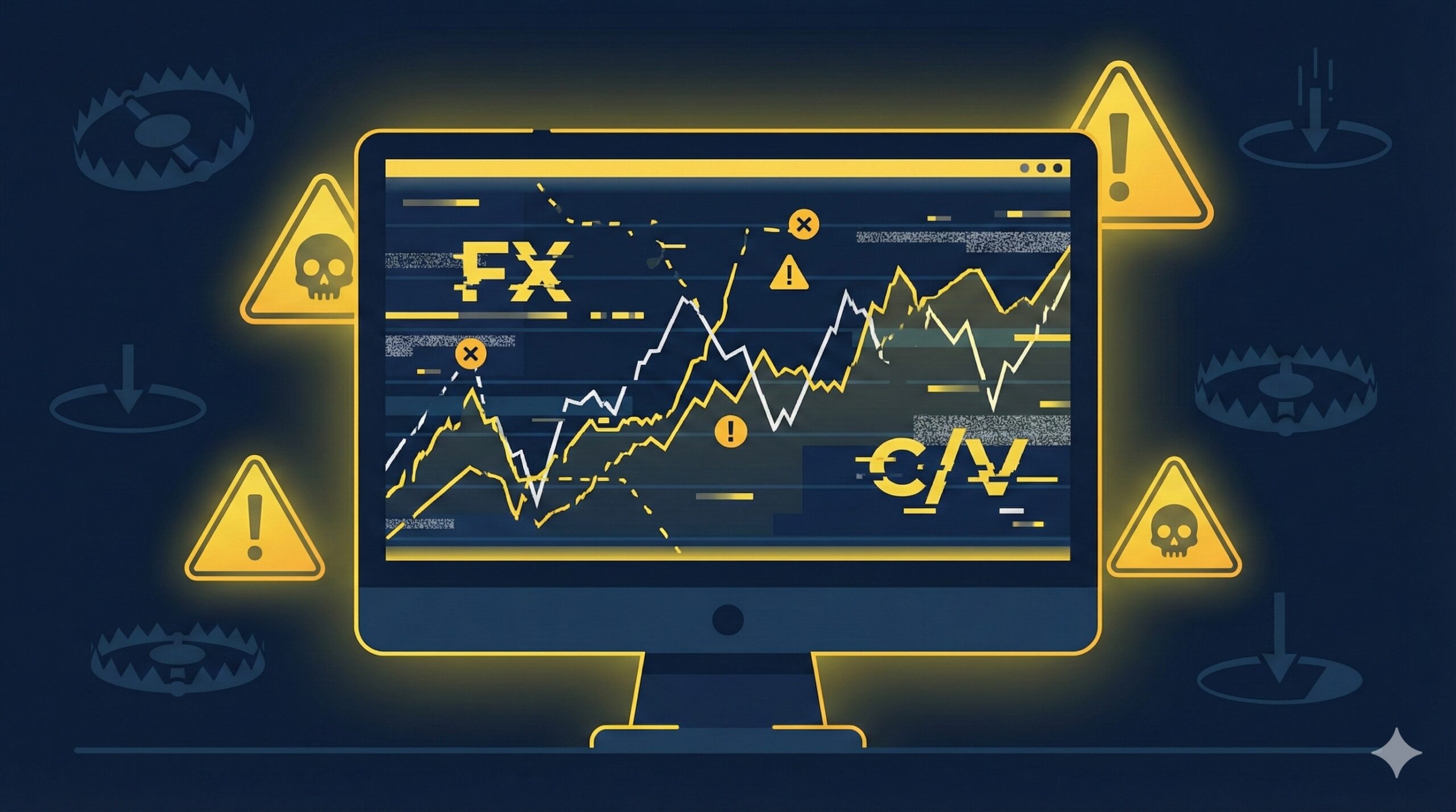 海外FX詐欺の危険な実態と被害者の会に潜む罠を表すイメージイラスト