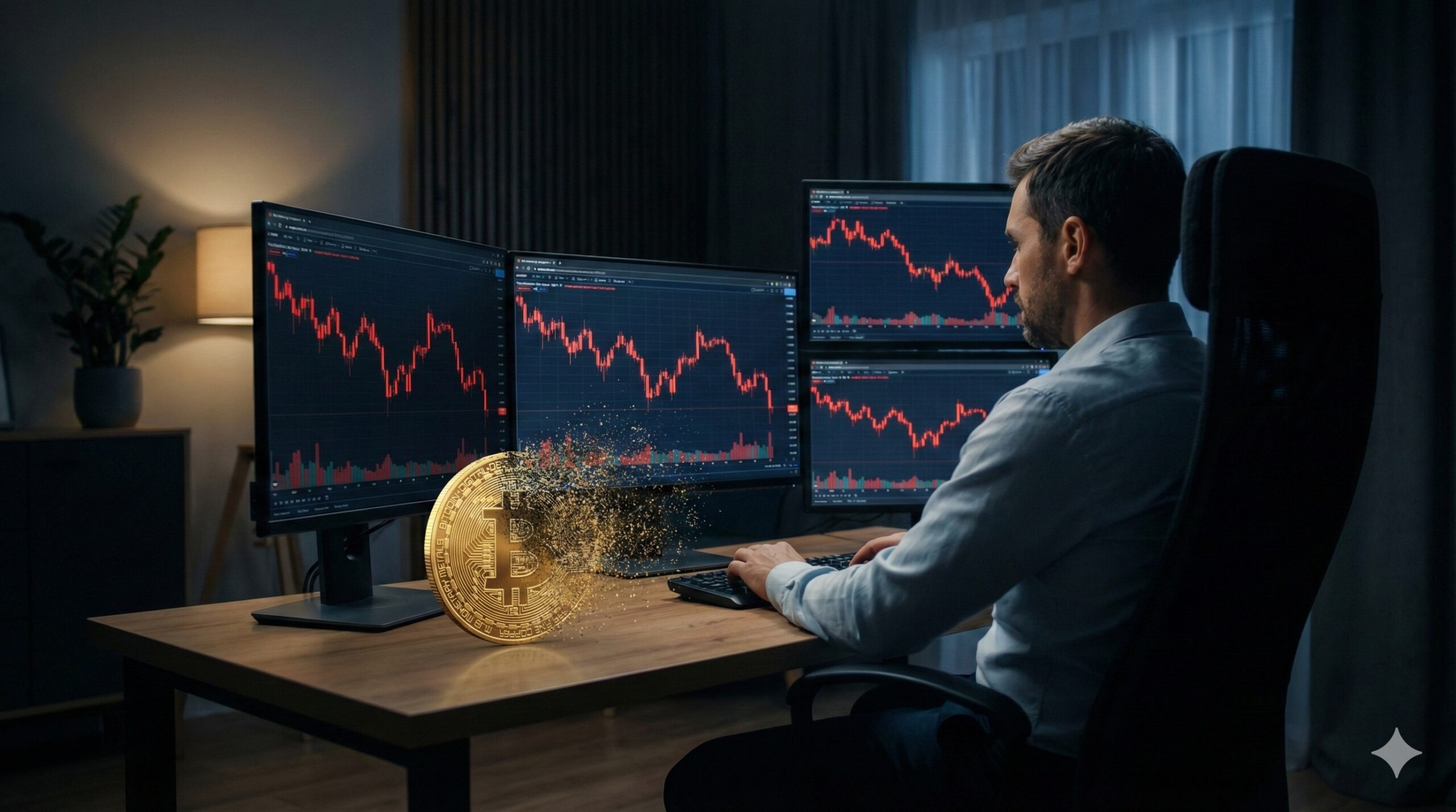 海外FXで儲からない現実と構造的なリスク（スプレッド・税金）を象徴する、赤いチャートを見つめるトレーダーのイメージ